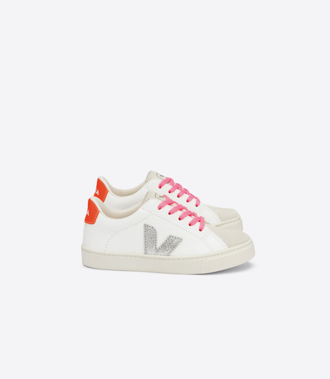 Veja Kids Trainers | Esplar Lace | White, Silver & Orange Fluro